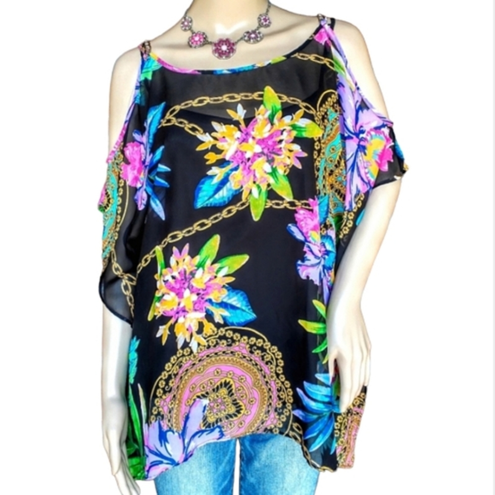 Jennifer Lopez Sheer Peep Hole Shoulder Floral Printed Top Size L